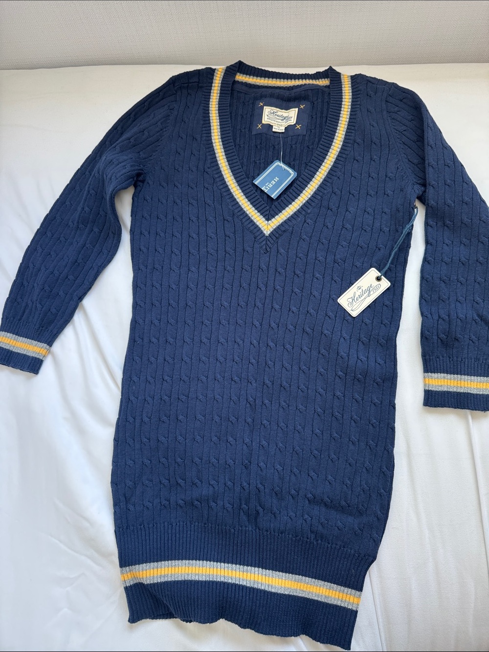 Nautical Cable Knit V-Neck Sweater Dress in Navy with Yellow Trim